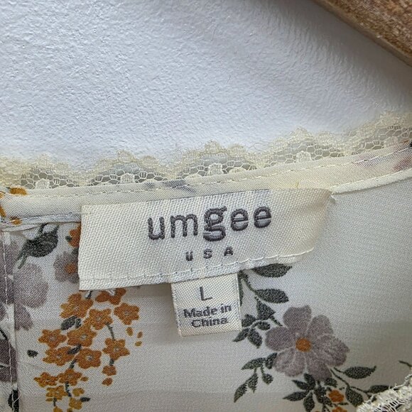 Umgee Womens Sheer Floral Peasant Blouse Top Lace Trim Size L Cream Boho Style - Picture 11 of 15